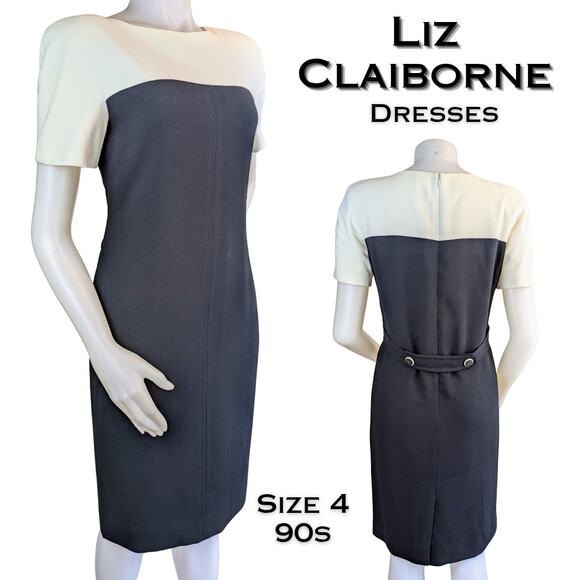 Vintage 90s Liz Claiborne Sheath Dress 4 Colorblock Black Ivory Career Classic - Picture 1 of 10